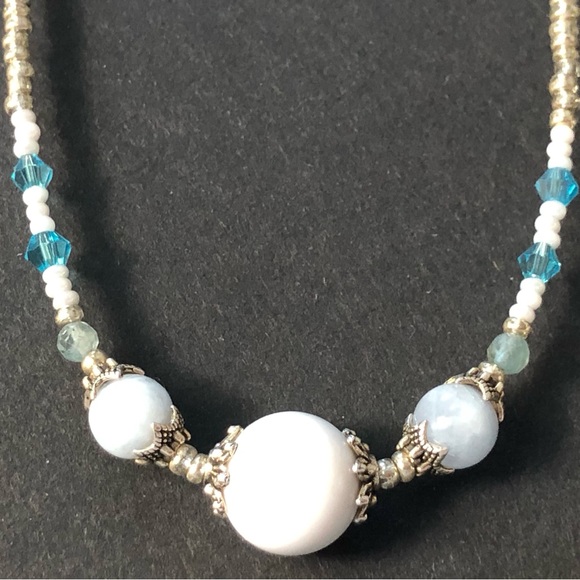 HAND CRAFTED Upcycled Blue White Silver Necklace earring set Feminine Delicate - Picture 9 of 14